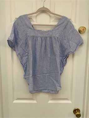 beachlunchlounge Light Blue Square-Neck Linen-Blend Top w Butterfly Sleeves - M